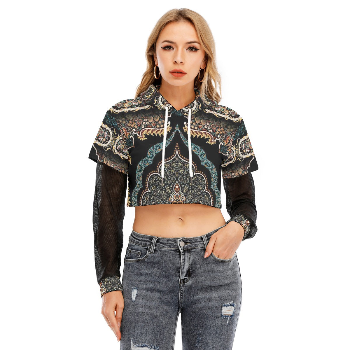 All-Over Print Women's Fake Two-piece Mesh Sleeve Cropped Hoodie