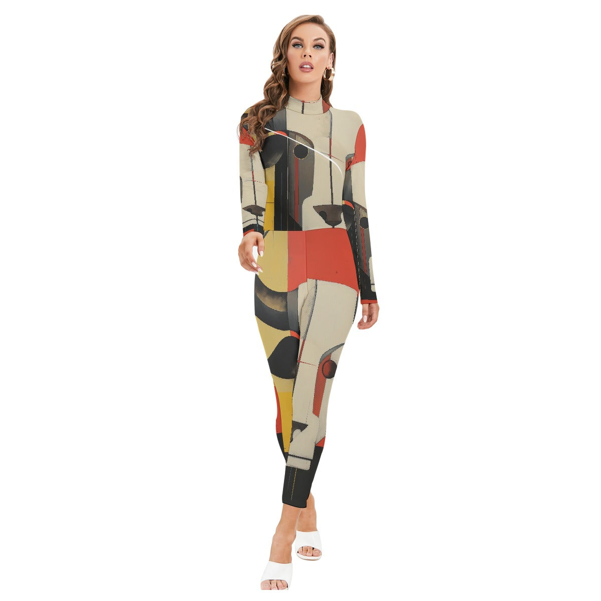 All-Over Print Women's Long-sleeved High-neck Jumpsuit With Zipper