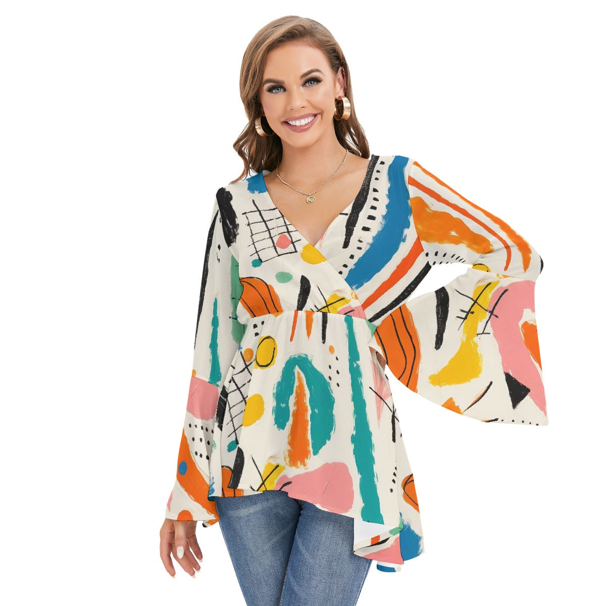 All-Over Print Women's V-neck Blouse With Flared Sleeves