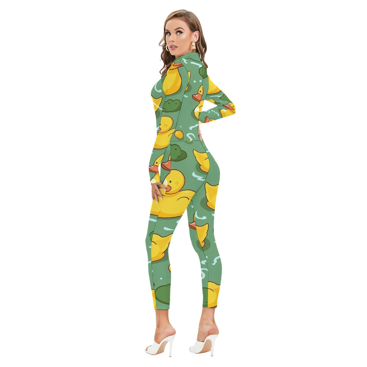 All-Over Print Women's Long-sleeved High-neck Jumpsuit With Zipper