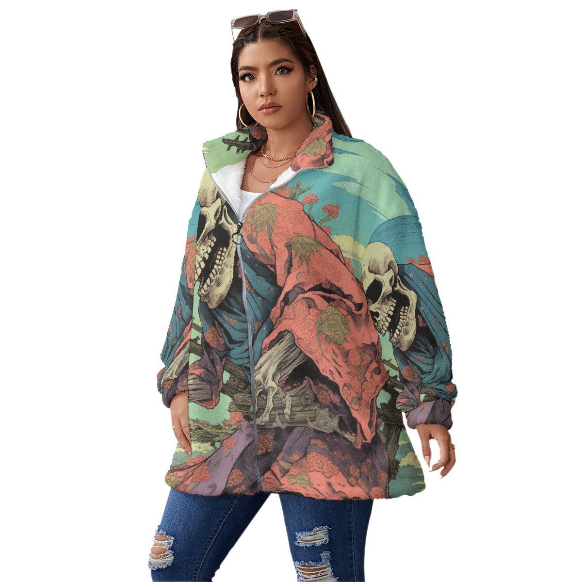 All-Over Print Unisex Borg Fleece Stand-up Collar Coat With Zipper Closure(Plus Size)