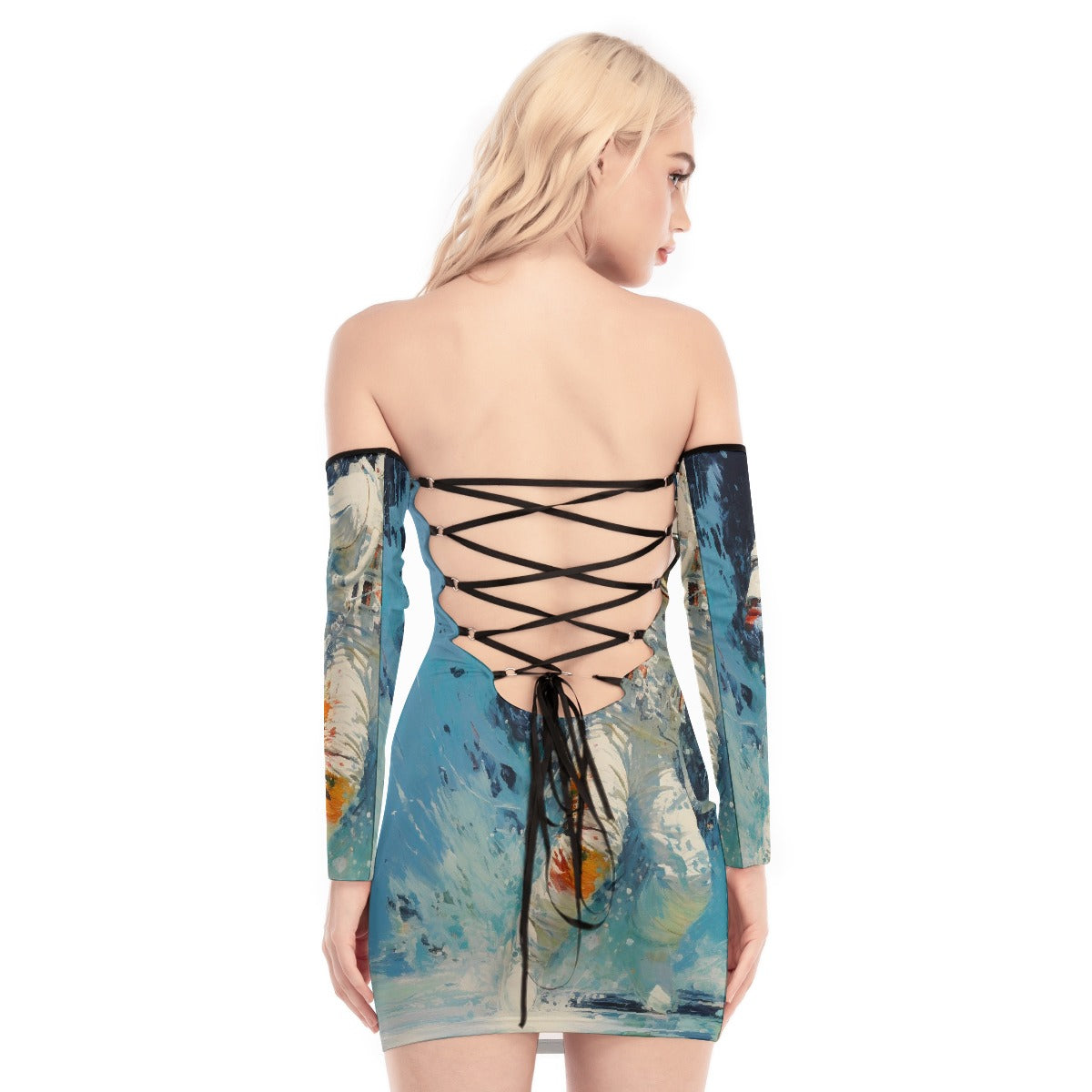 All-Over Print Women's Off-shoulder Back Lace-up Dress