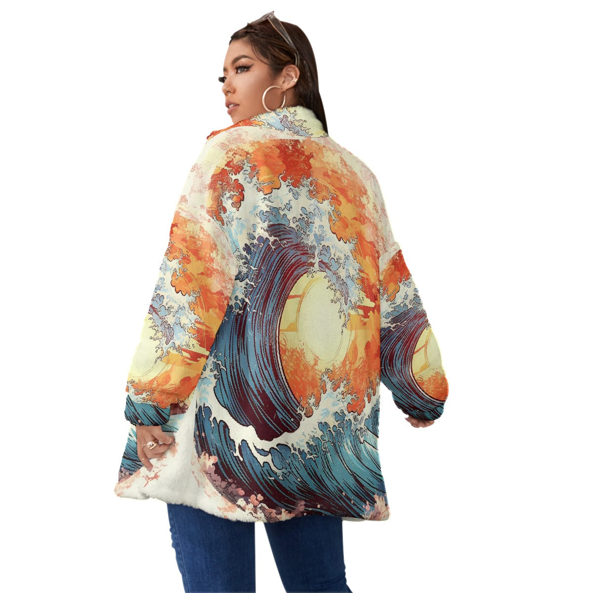 All-Over Print Unisex Borg Fleece Stand-up Collar Coat With Zipper Closure(Plus Size)