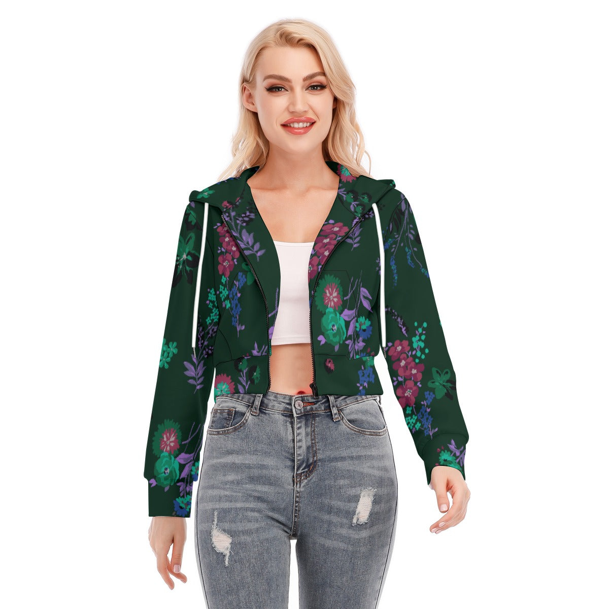 All-Over Print Women's Crop Top Hoodie With Zipper Closure
