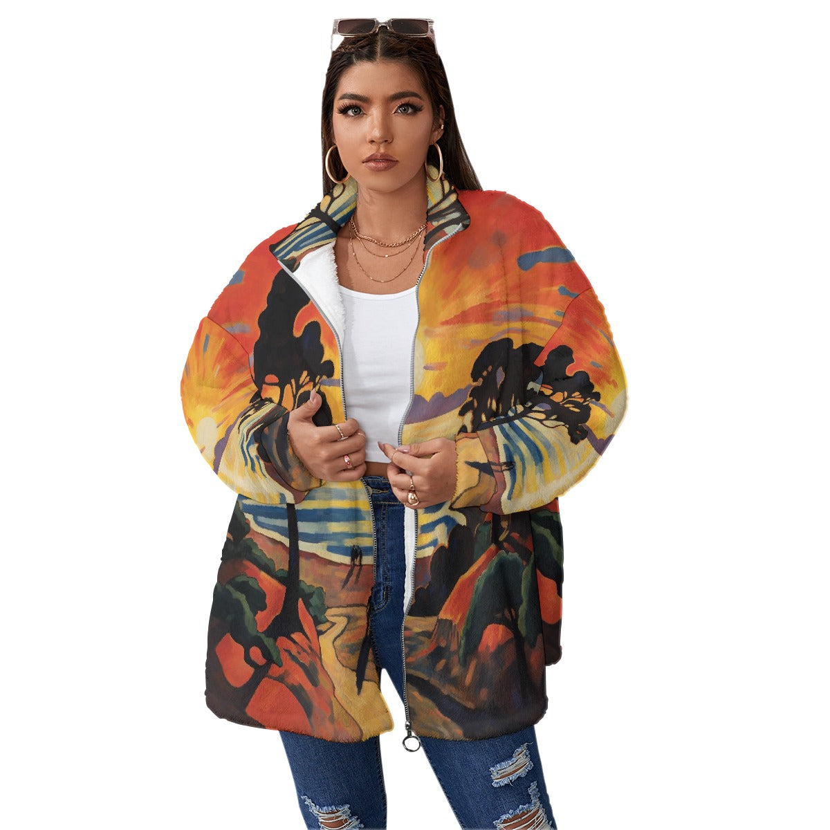 All-Over Print Unisex Borg Fleece Stand-up Collar Coat With Zipper Closure(Plus Size)