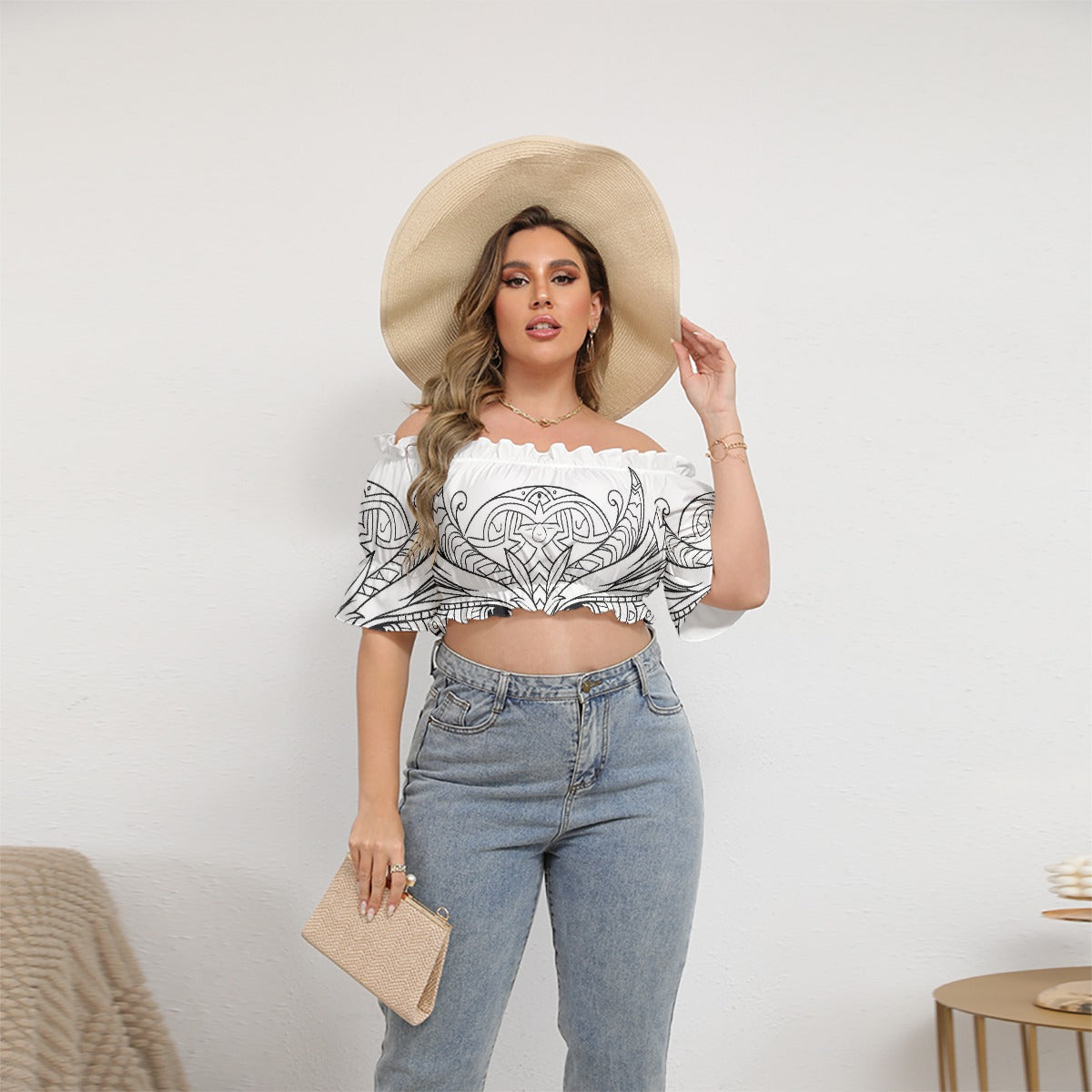 All-Over Print Women's Off-shoulder Cropped Top With Short Puff Sleeve