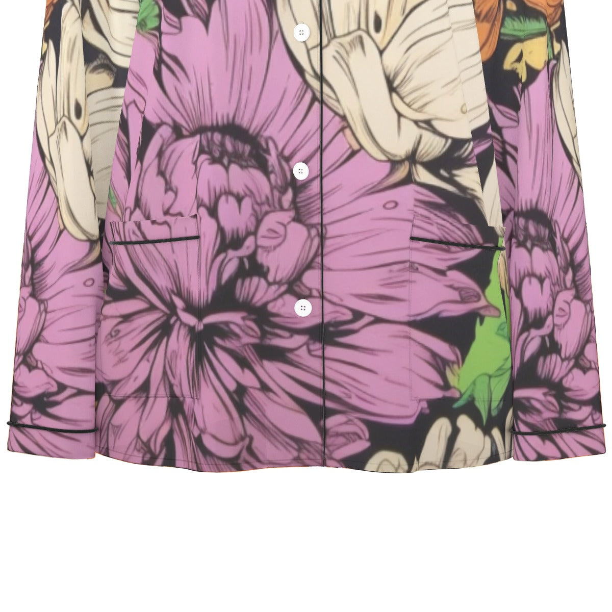 All-Over Print Women's Long Sleeve Pajama Set With Black Contrast Piping