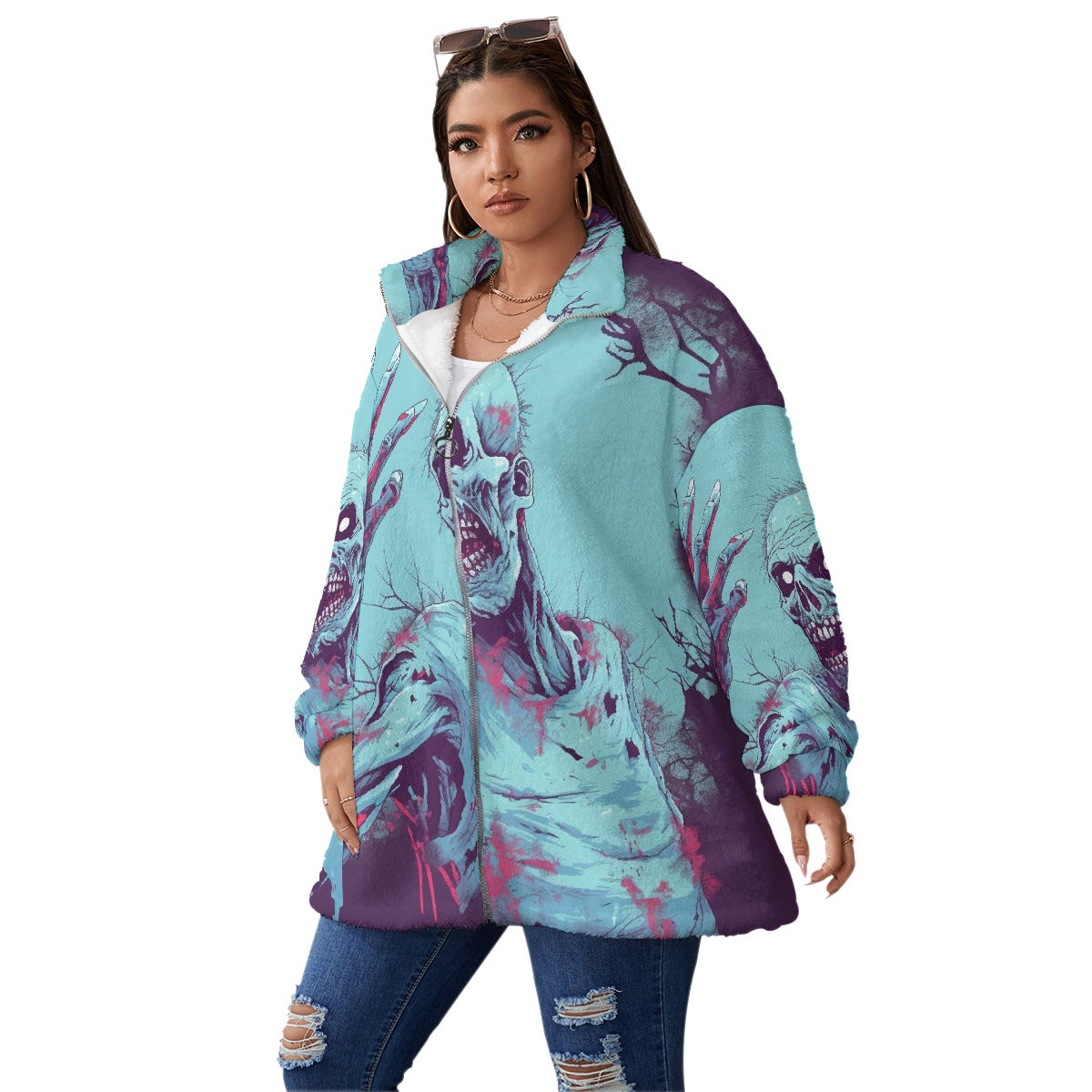 All-Over Print Unisex Borg Fleece Stand-up Collar Coat With Zipper Closure(Plus Size)