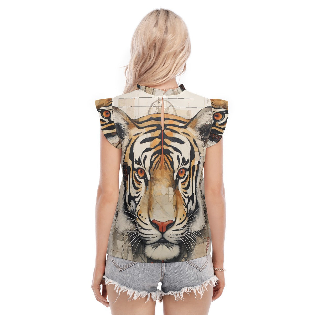 All-Over Print Women's Blouse With Ruffle Collar And Sleeve