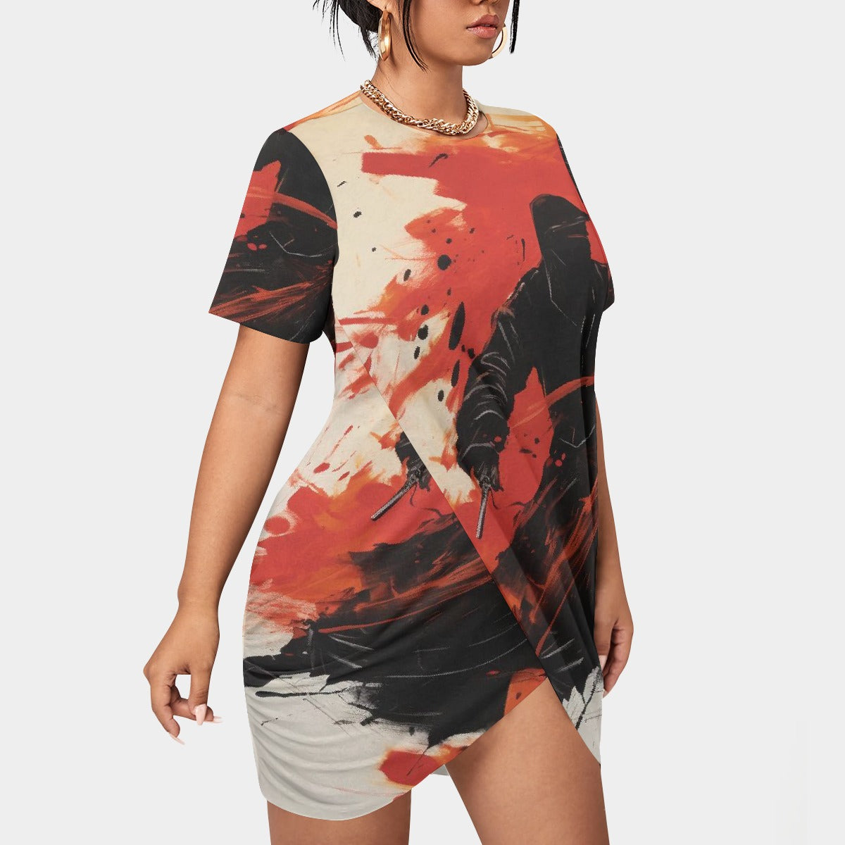 All-Over Print Women’s Stacked Hem Dress With Short Sleeve（Plus Size）