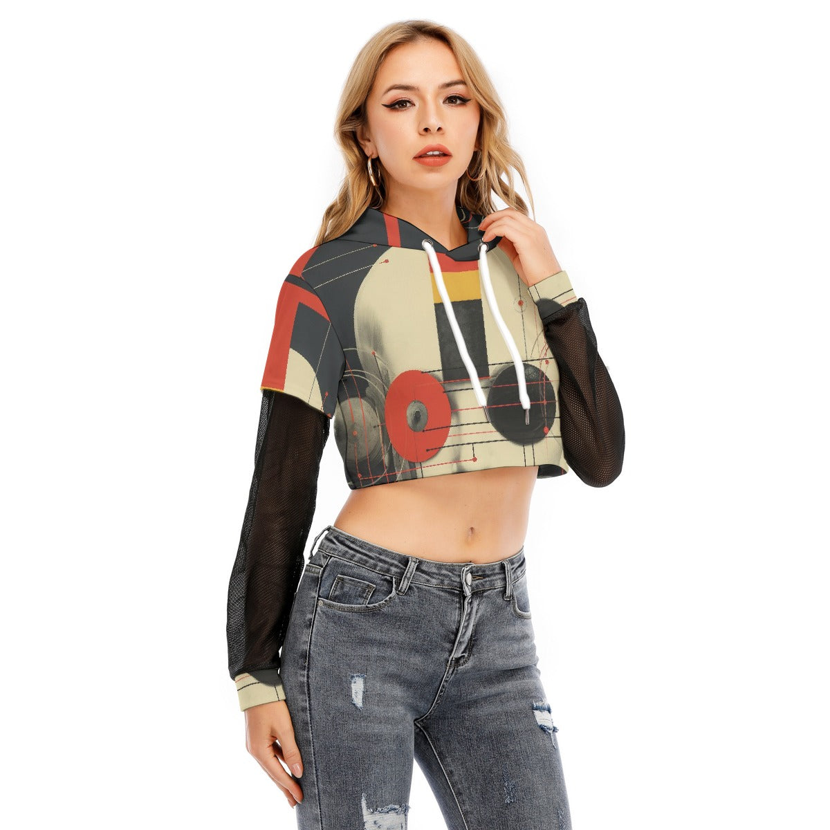All-Over Print Women's Fake Two-piece Mesh Sleeve Cropped Hoodie
