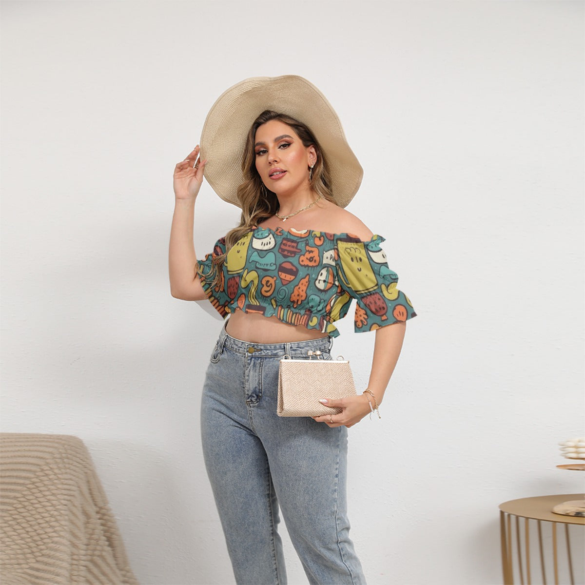 All-Over Print Women's Off-shoulder Cropped Top With Short Puff Sleeve