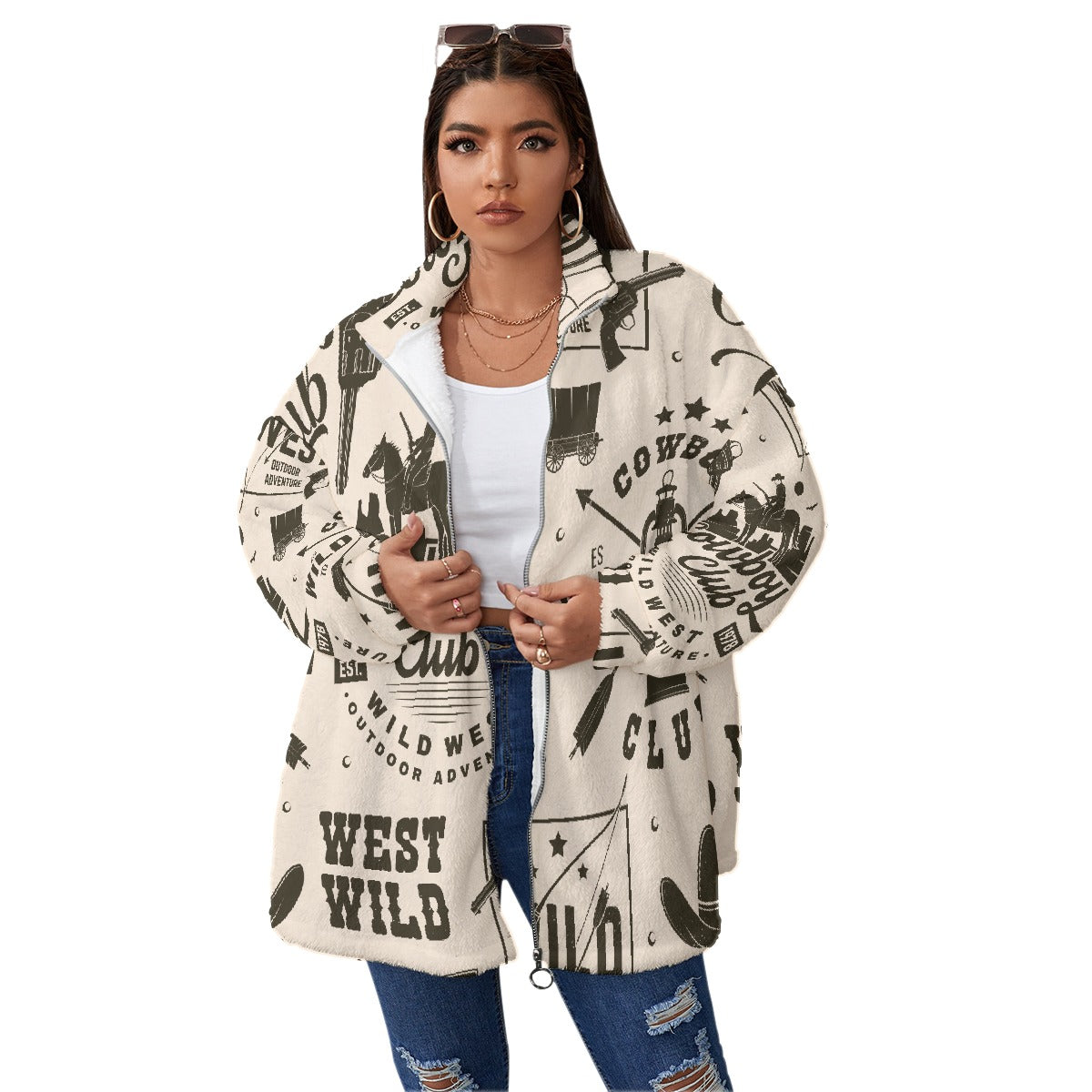 All-Over Print Unisex Borg Fleece Stand-up Collar Coat With Zipper Closure(Plus Size)