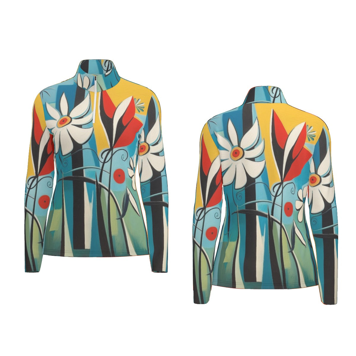 All-Over Print Women's Sports Collar Jersey With Long Sleeve