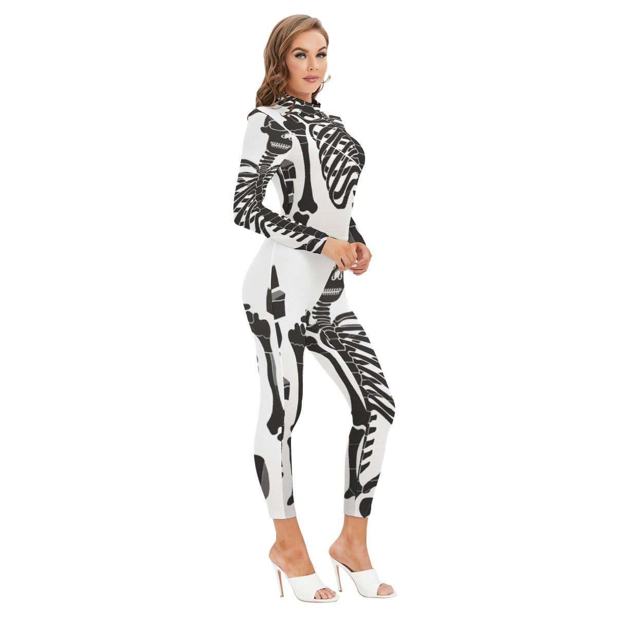All-Over Print Women's Long-sleeved High-neck Jumpsuit With Zipper