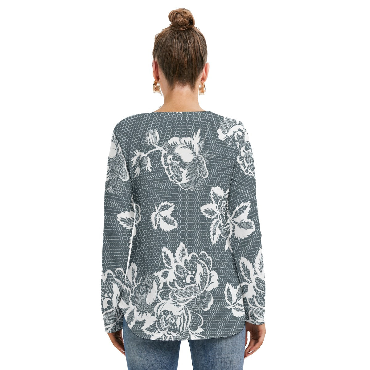 All-Over Print Women's Long Sleeve Neckline Tie Sweatshirt