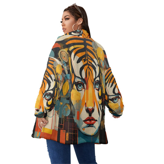 All-Over Print Unisex Borg Fleece Stand-up Collar Coat With Zipper Closure(Plus Size)