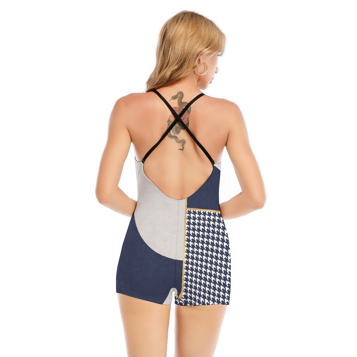 All-Over Print Women's Backless Romper With Black Straps