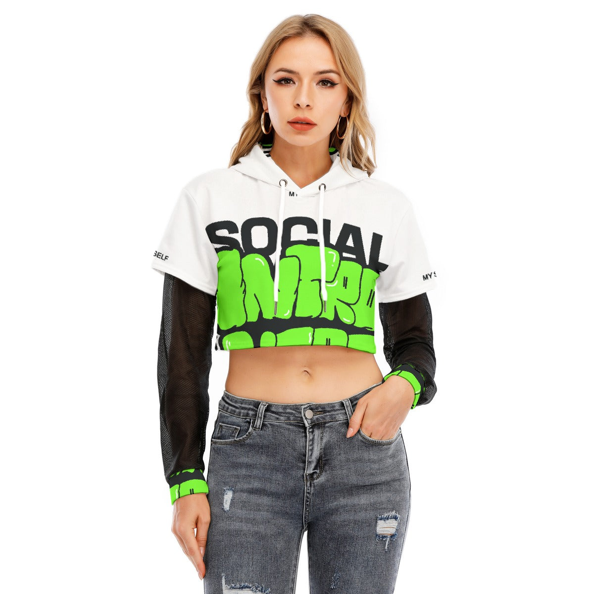 All-Over Print Women's Fake Two-piece Mesh Sleeve Cropped Hoodie