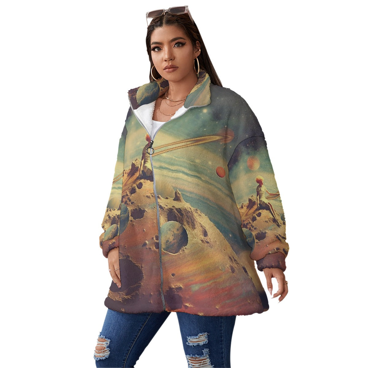 All-Over Print Unisex Borg Fleece Stand-up Collar Coat With Zipper Closure(Plus Size)