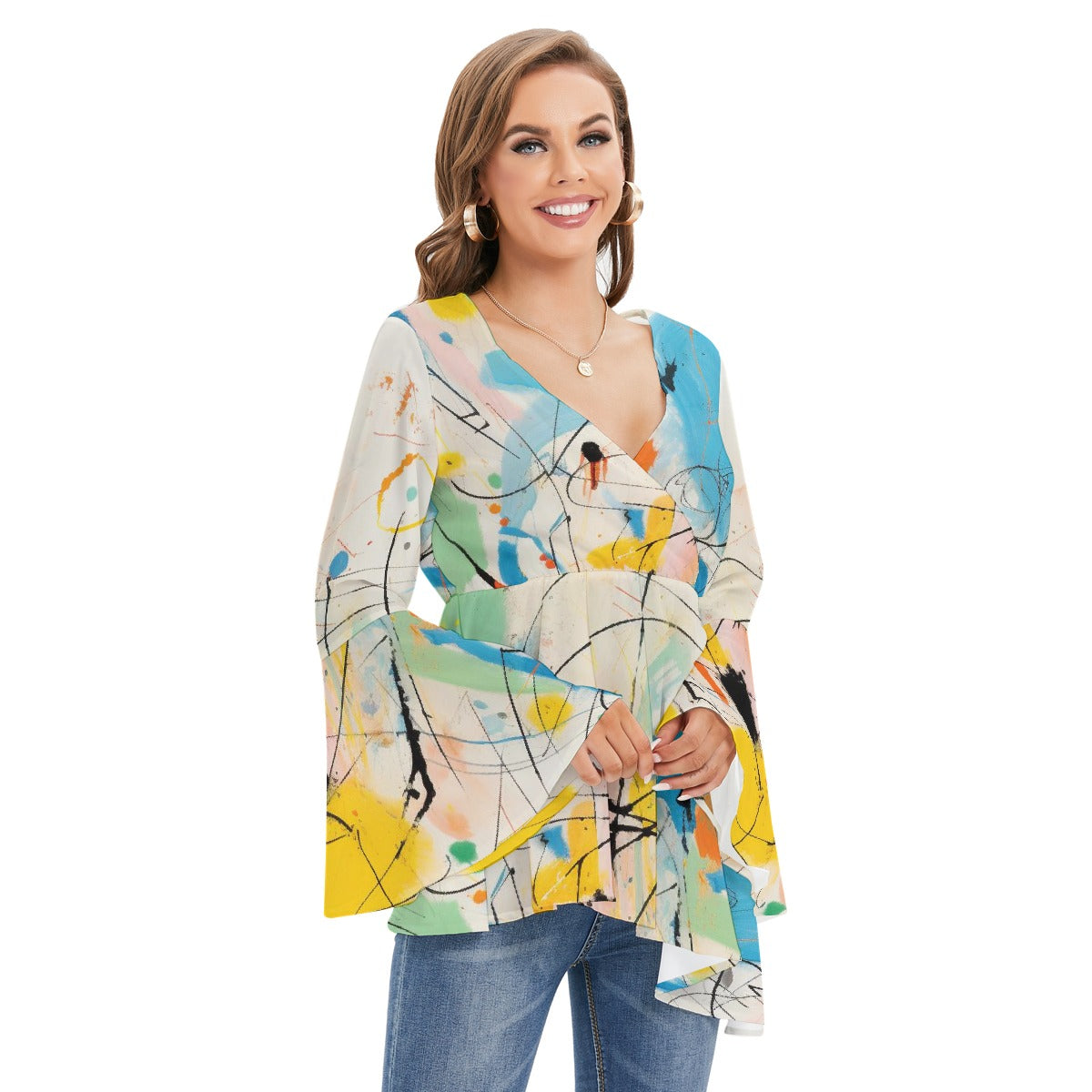 All-Over Print Women's V-neck Blouse With Flared Sleeves