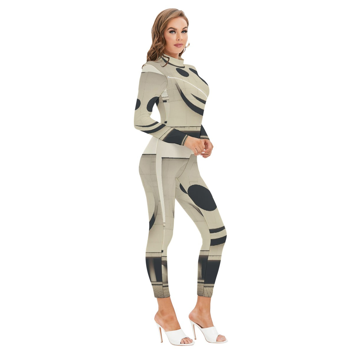 All-Over Print Women's Long-sleeved High-neck Jumpsuit With Zipper