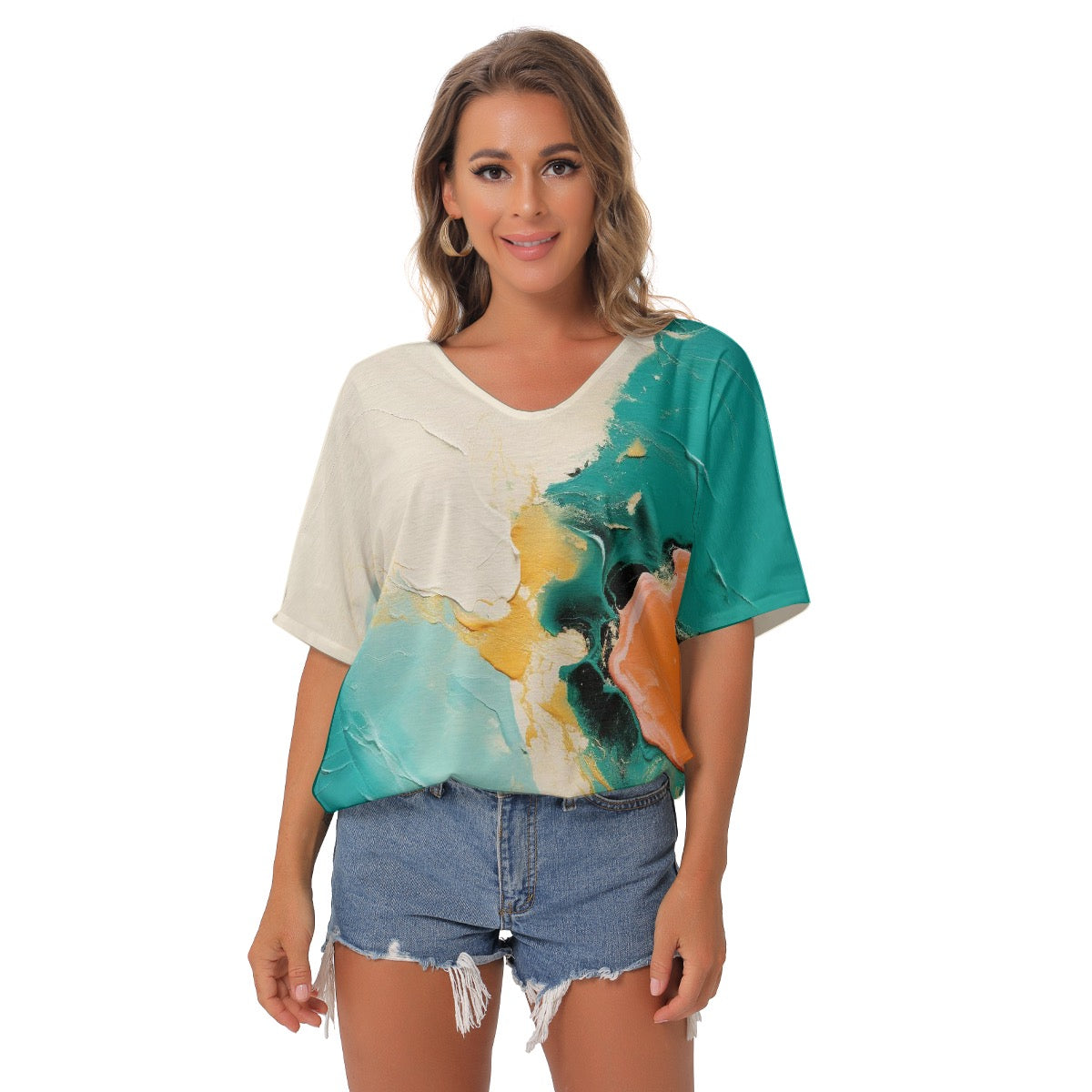 All-Over Print Women's Bat Sleeves V-Neck Blouse