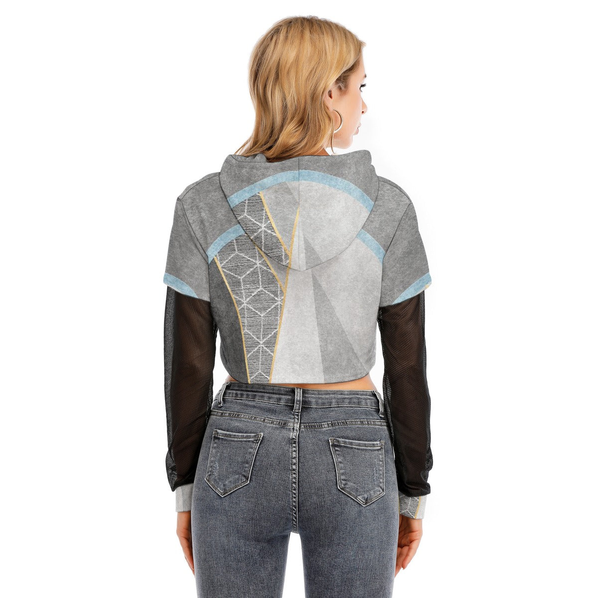 All-Over Print Women's Fake Two-piece Mesh Sleeve Cropped Hoodie