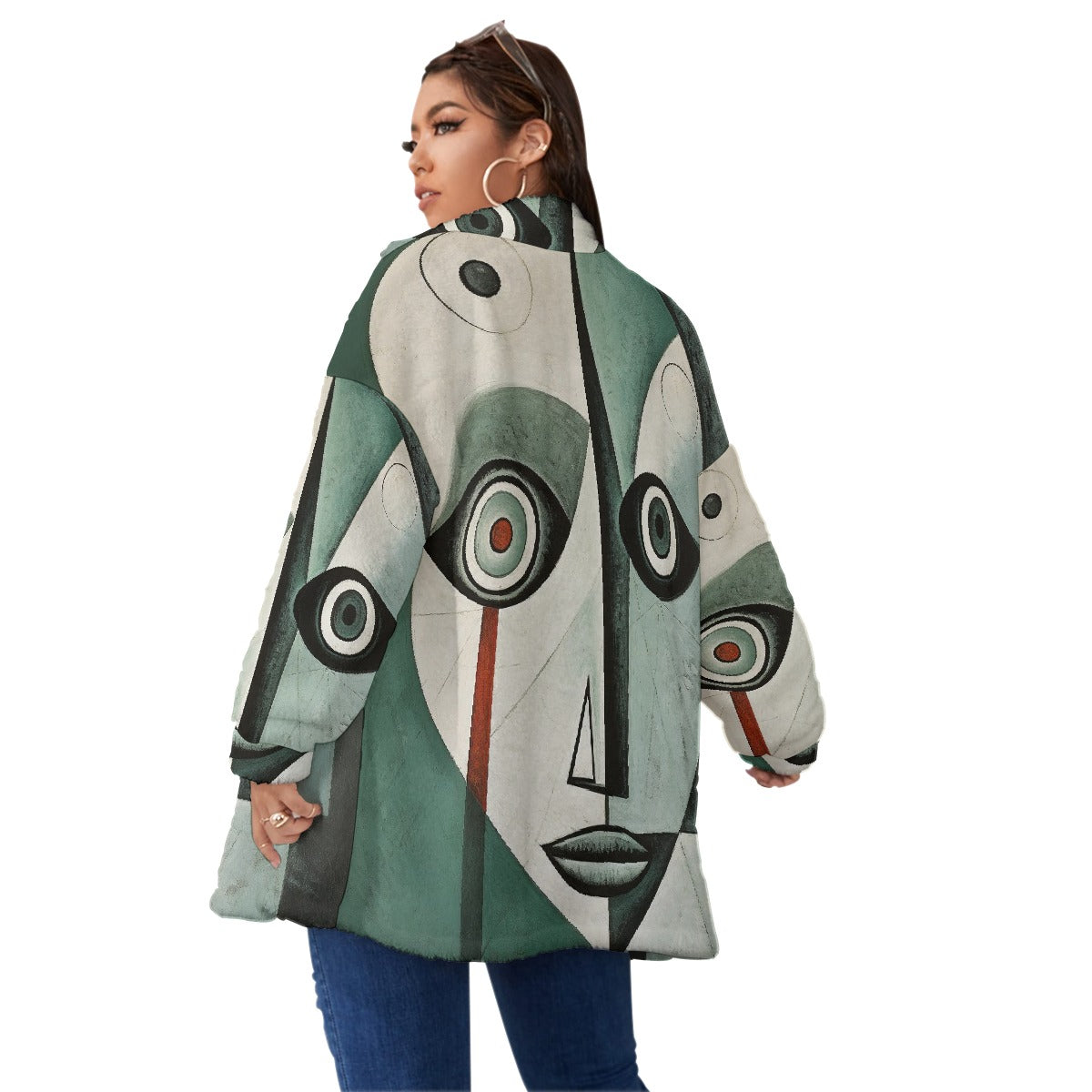 All-Over Print Unisex Borg Fleece Stand-up Collar Coat With Zipper Closure(Plus Size)