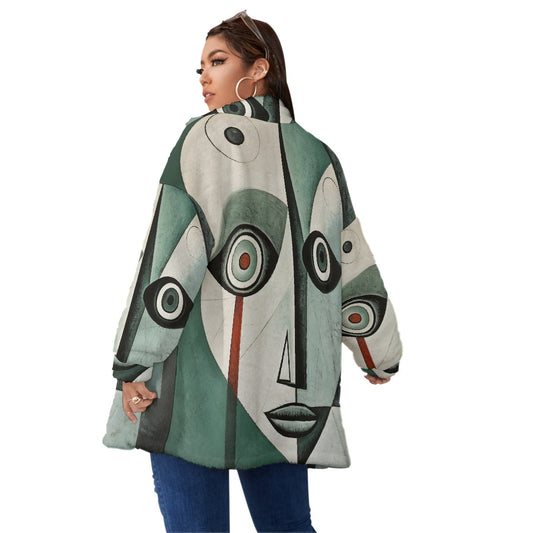 All-Over Print Unisex Borg Fleece Stand-up Collar Coat With Zipper Closure(Plus Size)