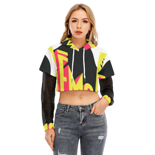 All-Over Print Women's Fake Two-piece Mesh Sleeve Cropped Hoodie
