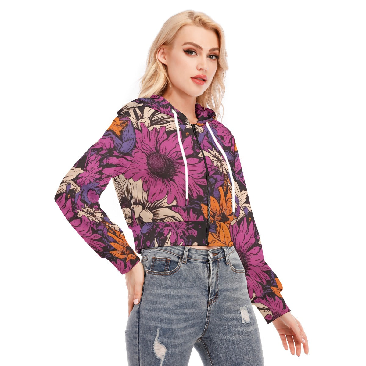 All-Over Print Women's Crop Top Hoodie With Zipper Closure