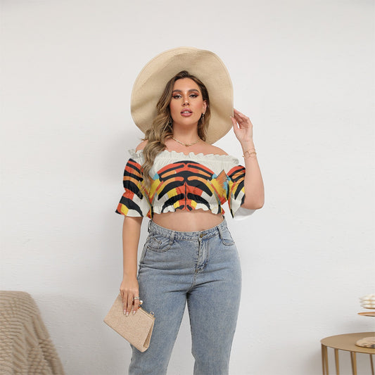 All-Over Print Women's Off-shoulder Cropped Top With Short Puff Sleeve