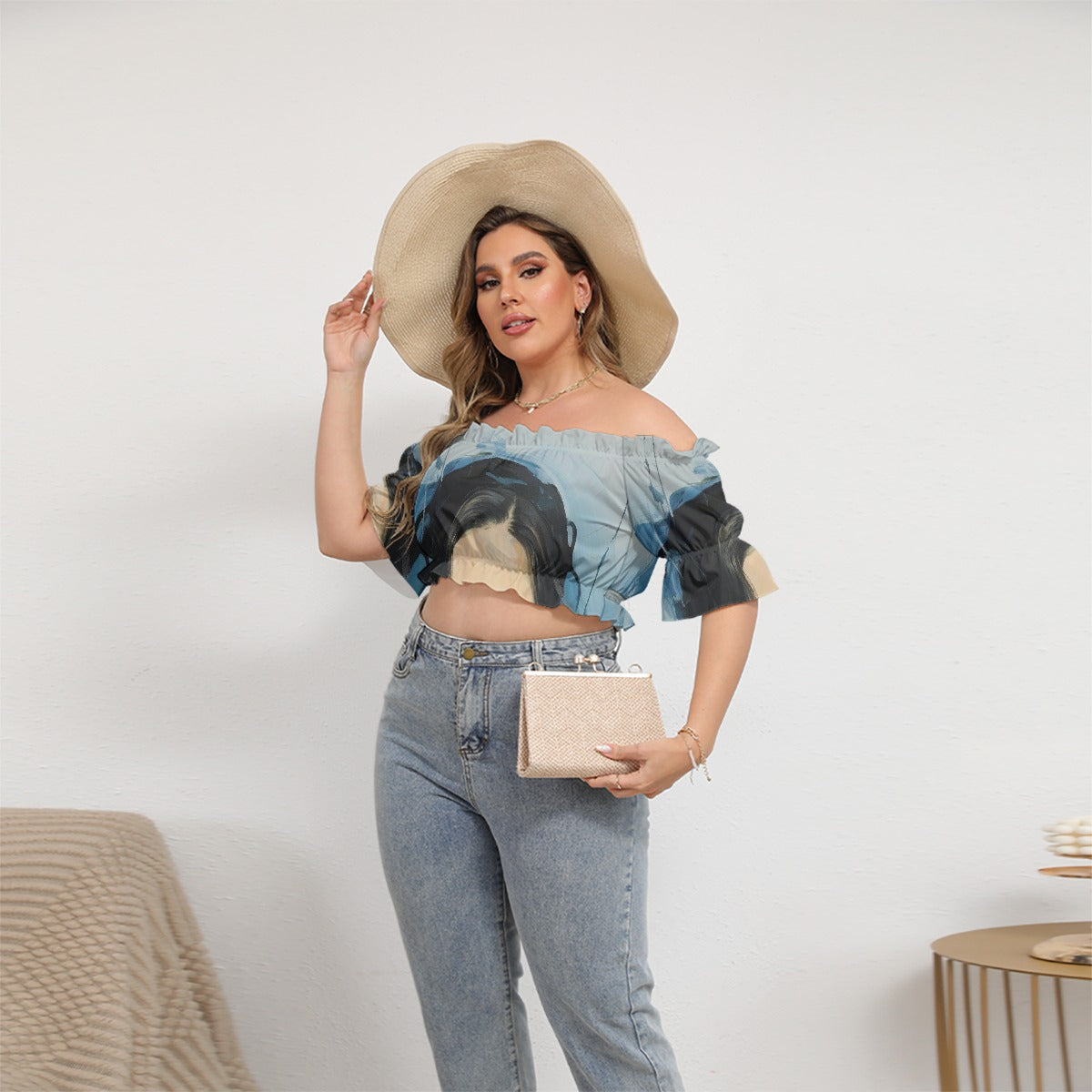 All-Over Print Women's Off-shoulder Cropped Top With Short Puff Sleeve