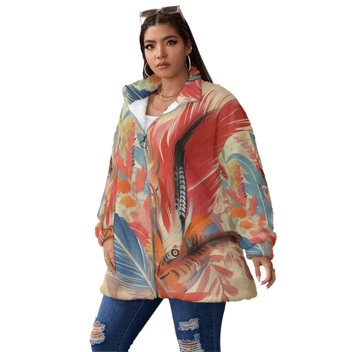 All-Over Print Unisex Borg Fleece Stand-up Collar Coat With Zipper Closure(Plus Size)