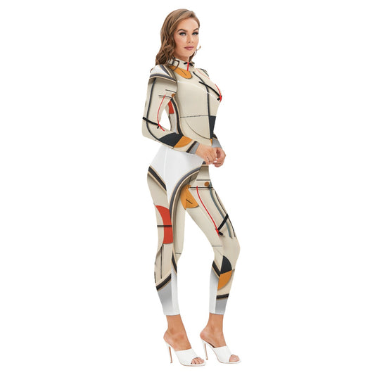 All-Over Print Women's Long-sleeved High-neck Jumpsuit With Zipper