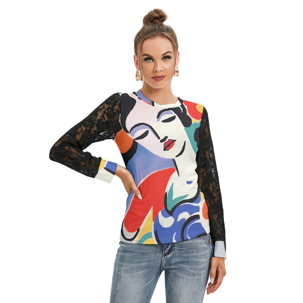 All-Over Print Women's T-shirt And Sleeve With Black Lace