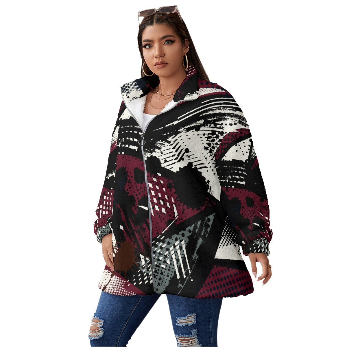 All-Over Print Unisex Borg Fleece Stand-up Collar Coat With Zipper Closure(Plus Size)