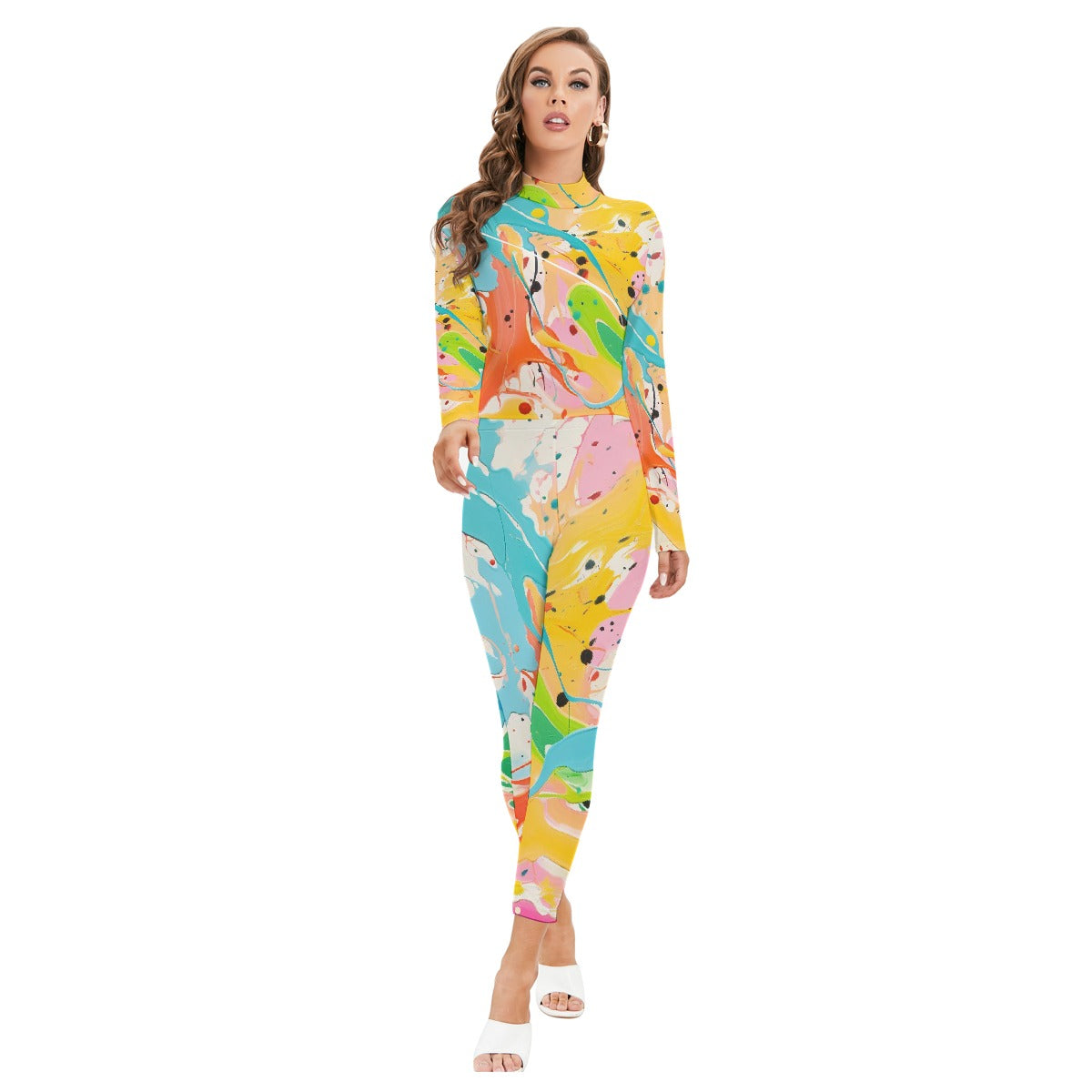 All-Over Print Women's Long-sleeved High-neck Jumpsuit With Zipper