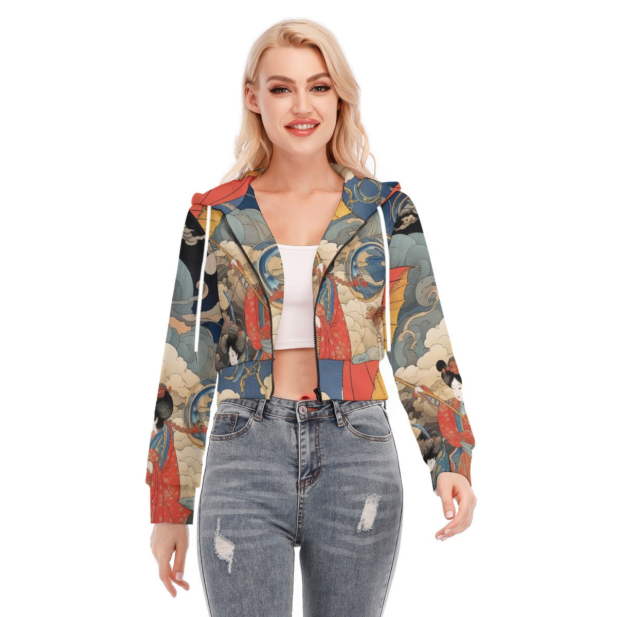 All-Over Print Women's Crop Top Hoodie With Zipper Closure