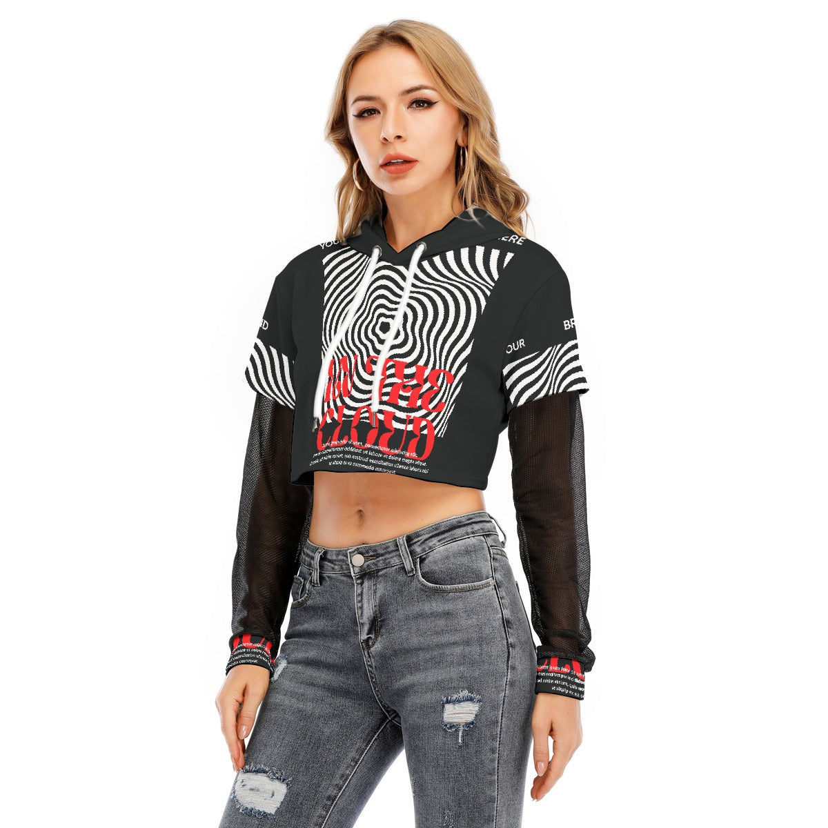All-Over Print Women's Fake Two-piece Mesh Sleeve Cropped Hoodie