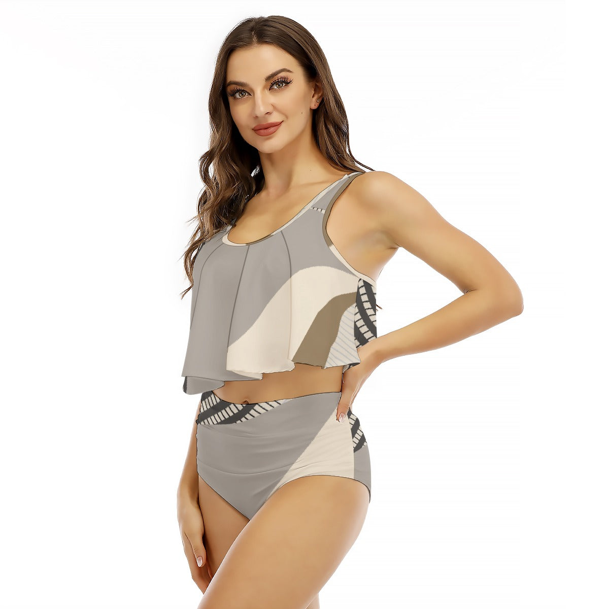 All-Over Print Women's Ruffled Vest Bikini Swimsuit