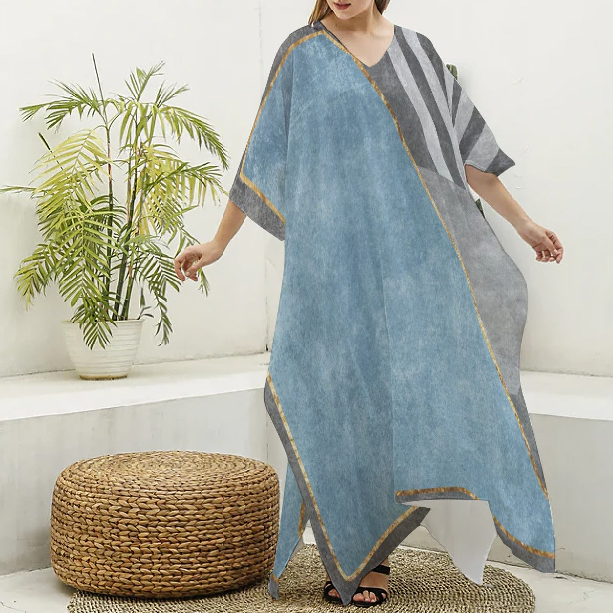All-Over Print Women's Imitation Silk V-neck Kaftan Robe
