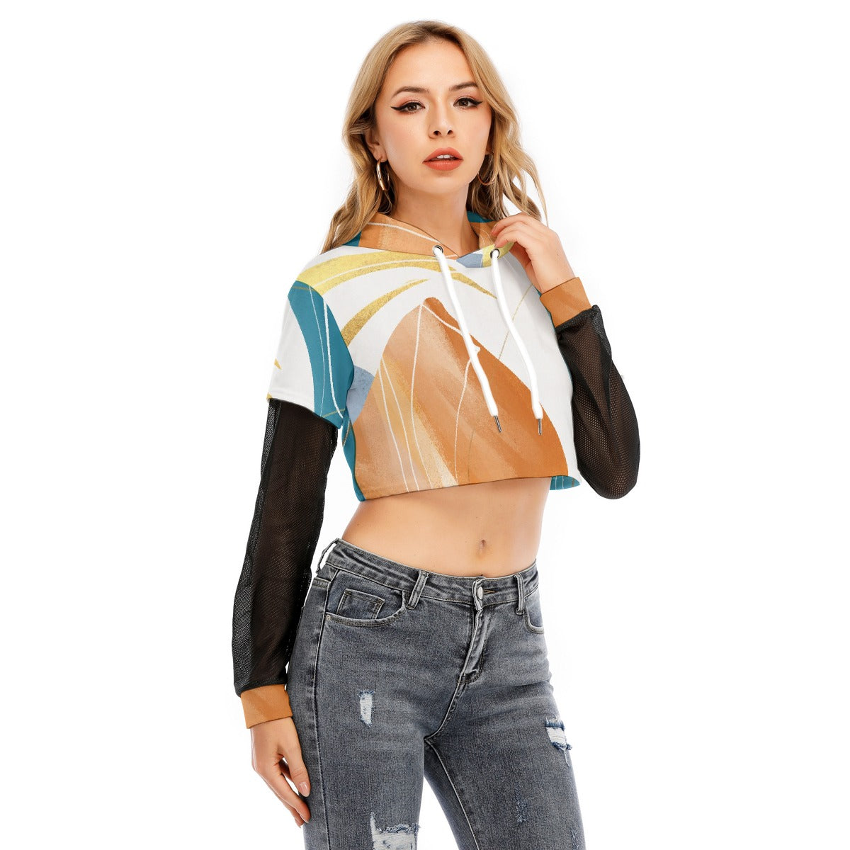 All-Over Print Women's Fake Two-piece Mesh Sleeve Cropped Hoodie