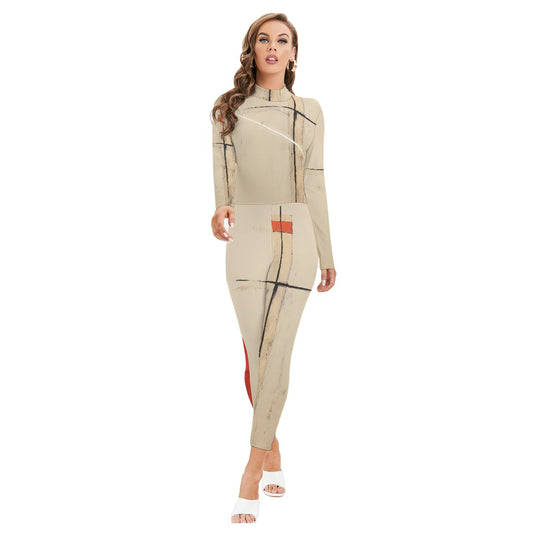 All-Over Print Women's Long-sleeved High-neck Jumpsuit With Zipper