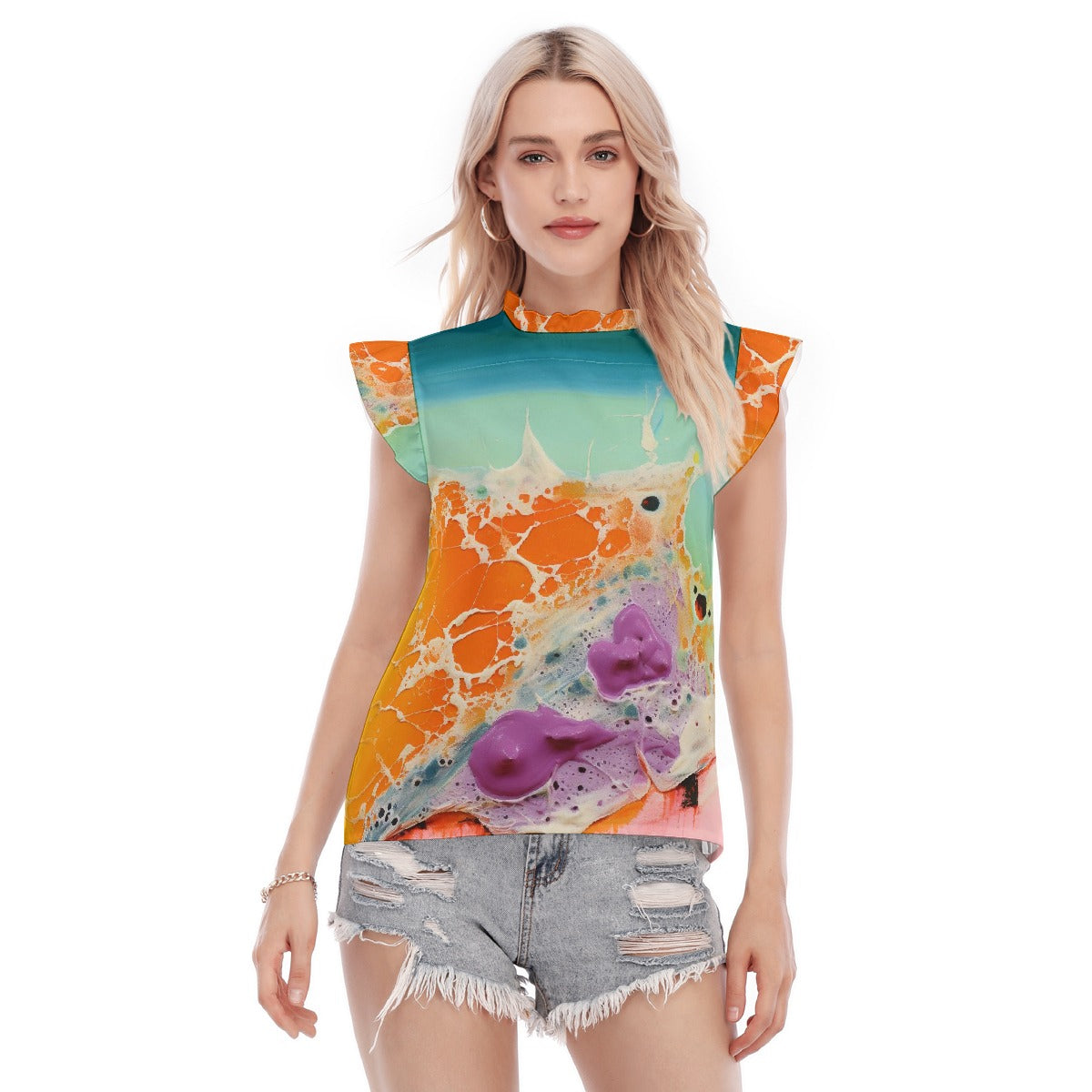 All-Over Print Women's Blouse With Ruffle Collar And Sleeve