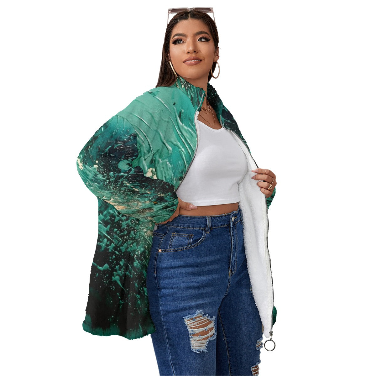 All-Over Print Unisex Borg Fleece Stand-up Collar Coat With Zipper Closure(Plus Size)