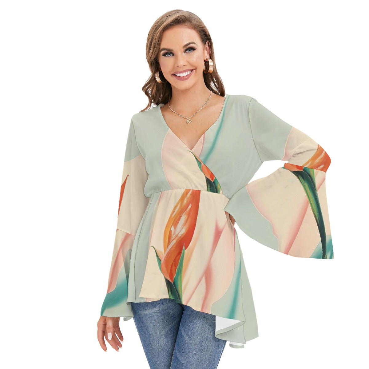 All-Over Print Women's V-neck Blouse With Flared Sleeves