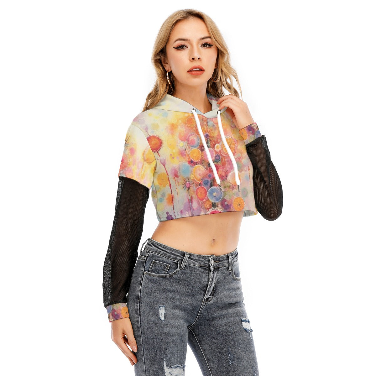 All-Over Print Women's Fake Two-piece Mesh Sleeve Cropped Hoodie