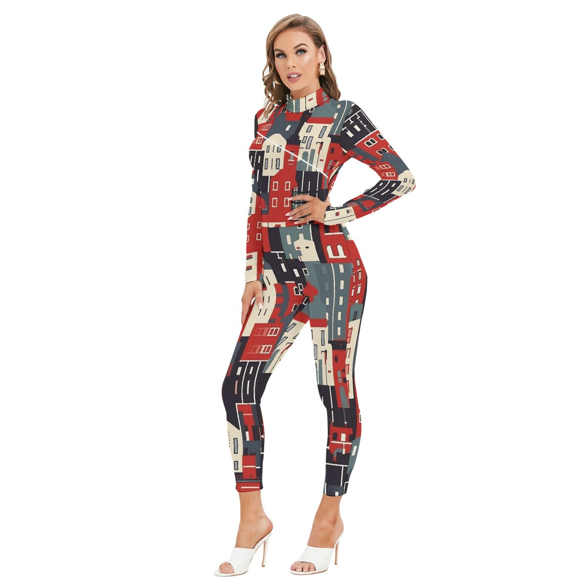 All-Over Print Women's Long-sleeved High-neck Jumpsuit With Zipper